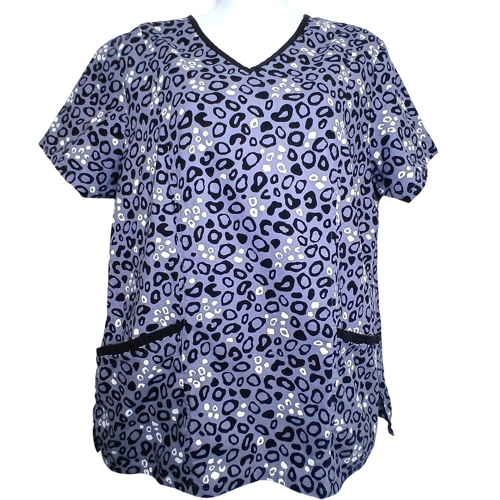 Scrubstar Women M Gray Leopard Print V Neck Scrub Top Nurse Y2K Mob Wife